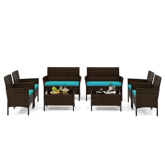 Topbuy 8 Piece Patio Rattan Conversation Set Outdoor Wicker Furniture Set w/ Chair Loveseat & Tempered Glass Table Turquoise