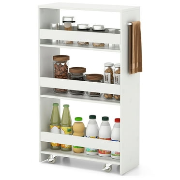 Topbuy 8" Slim Rolling Storage Cart 4-Tier Kitchen Storage Cart on Wheels Mobile Serving Cart w/ Handle & Open Shelves White