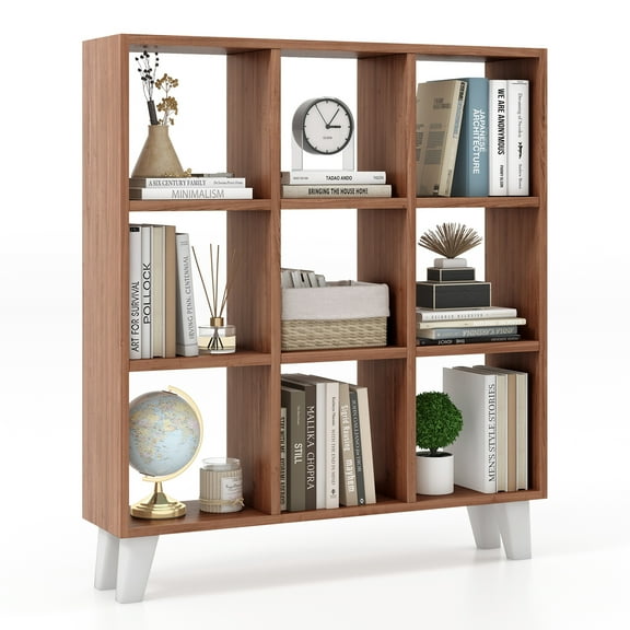 Topbuy 9-Cube Open Bookcase 3-Tier Floor Standing Bookshelf with 4 Slanted Legs 6 Removable Shelves Brown