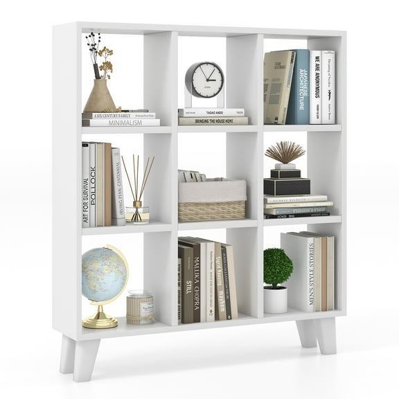 Topbuy 9-Cube Open Bookcase 3-Tier Floor Standing Bookshelf with 4 Slanted Legs 6 Removable Shelves White