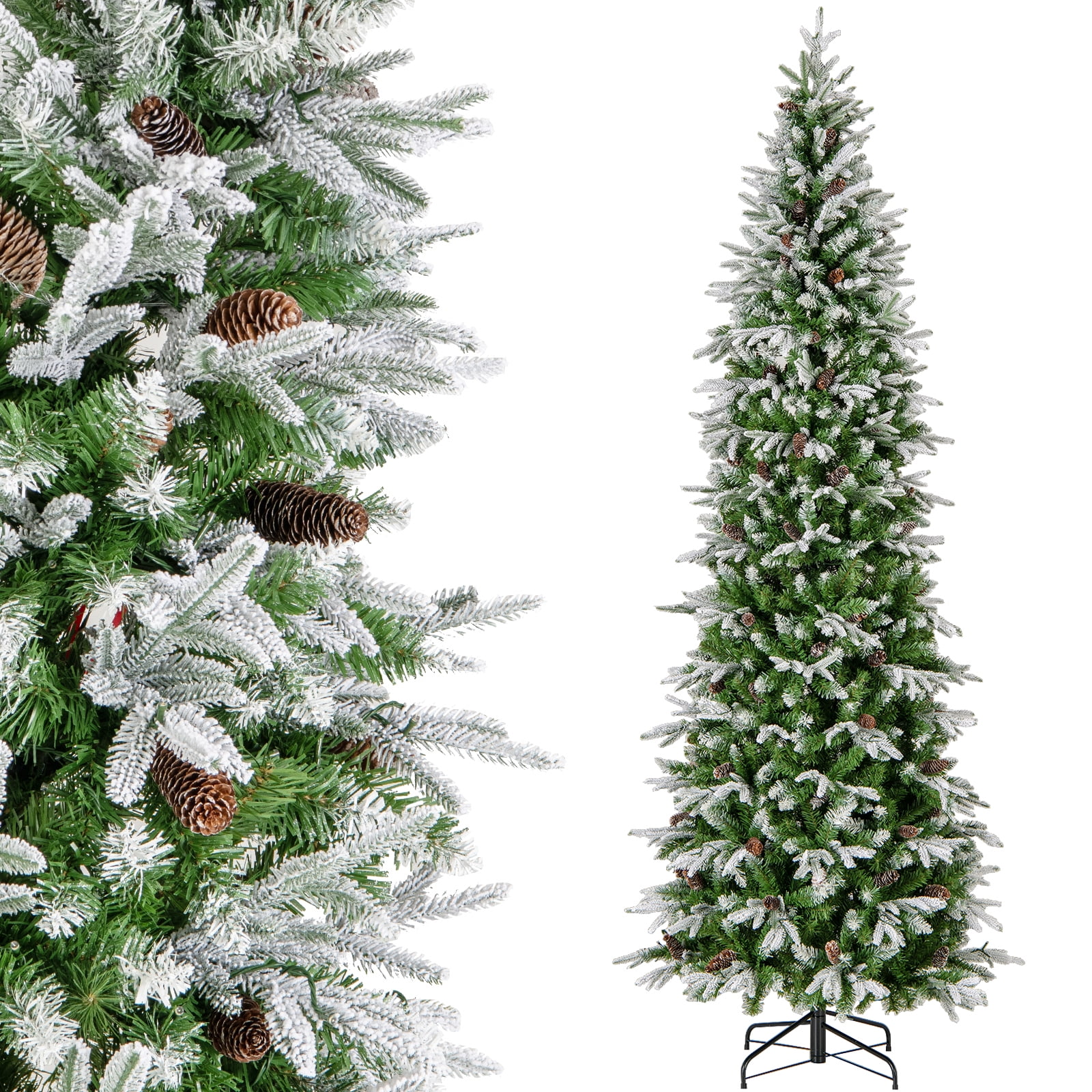 Topbuy 9 FT Snow Flocked Artificial Christmas Tree Hinged Pre-lit Xmas ...