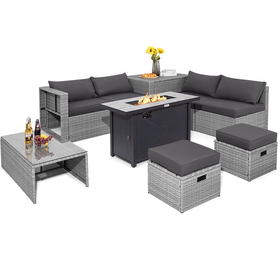 Topbuy 9 PCS Patio Furniture Set with 42" 60,000 BTU Fire Pit Outdoor Space-Saving Sectional Sofa Set with Storage Box Gray