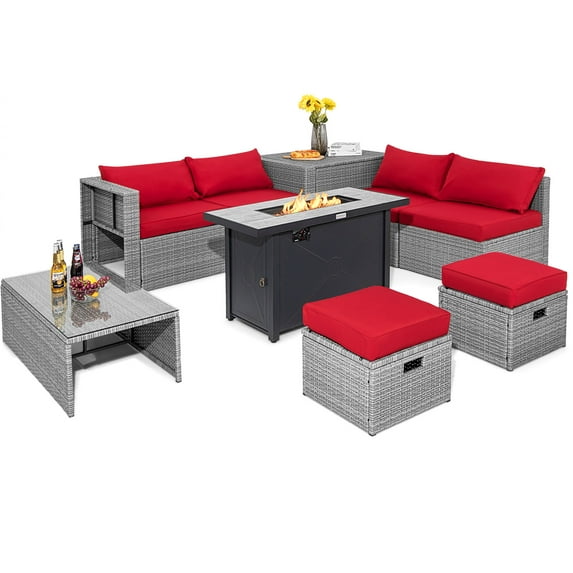 Topbuy 9 PCS Patio Furniture Set with 42" 60,000 BTU Fire Pit Outdoor Space-Saving Sectional Sofa Set with Storage Box Red