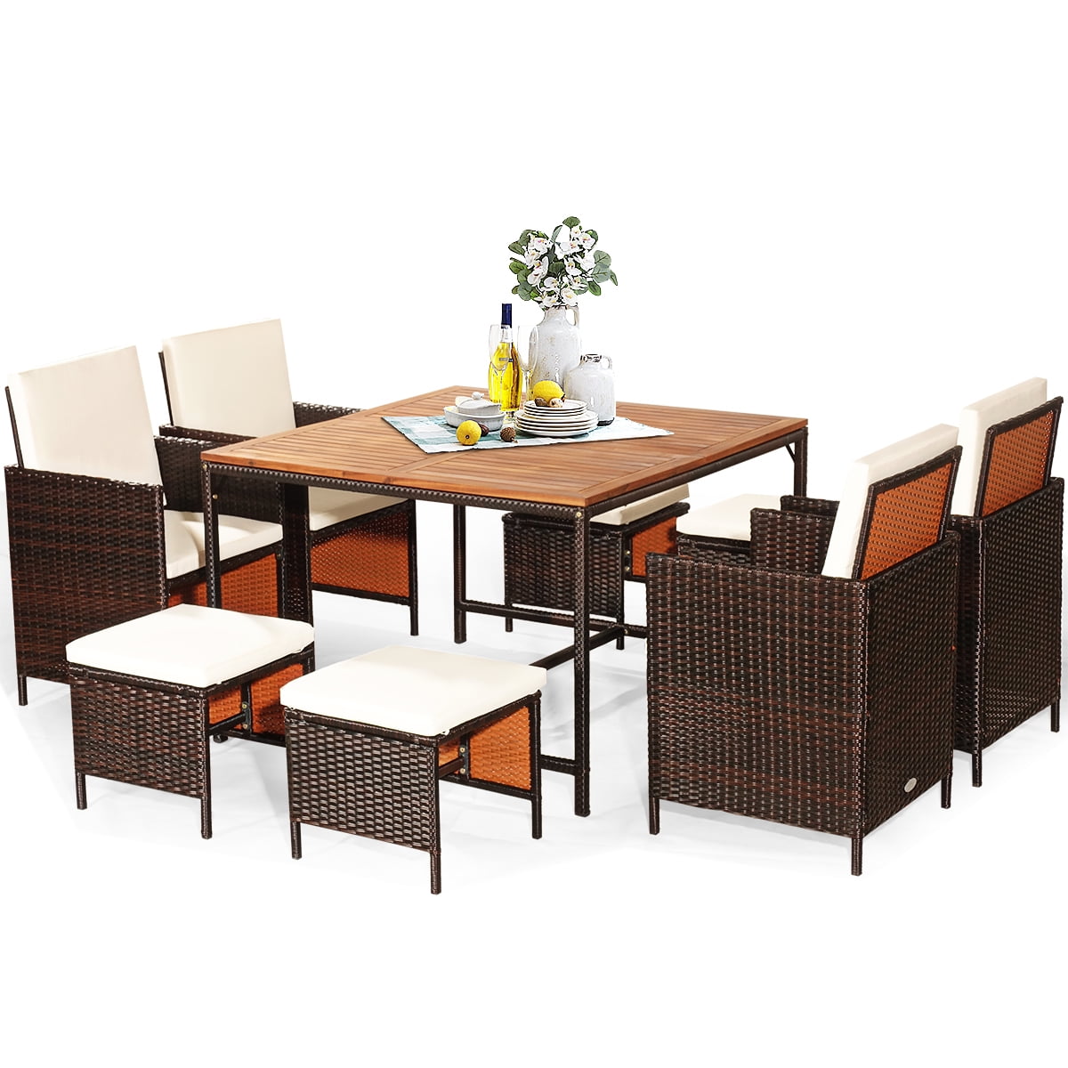 9-Piece White Cushioned Rattan Outdoor Dining Set with Wood Table