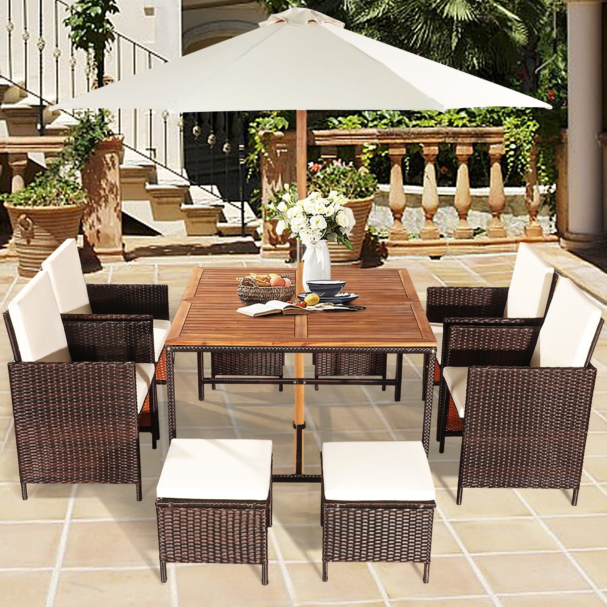 9-Piece White Cushioned Rattan Outdoor Dining Set with Wood Table