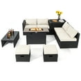 thumbnail image 1 of Topbuy 9 Pieces Outdoor PE Rattan Wicker Sectional Sofa with 42" 60,000 BTU Gas Fire Pit Table Space-Saving Patio Conversation Set with Storage Box Off White, 1 of 10
