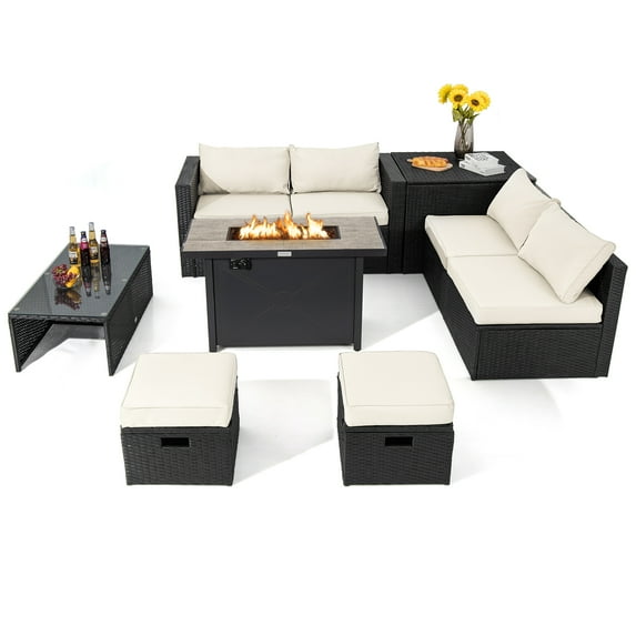 Topbuy 9 Pieces Outdoor PE Rattan Wicker Sectional Sofa with 42" 60,000 BTU Gas Fire Pit Table Space-Saving Patio Conversation Set with Storage Box Off White