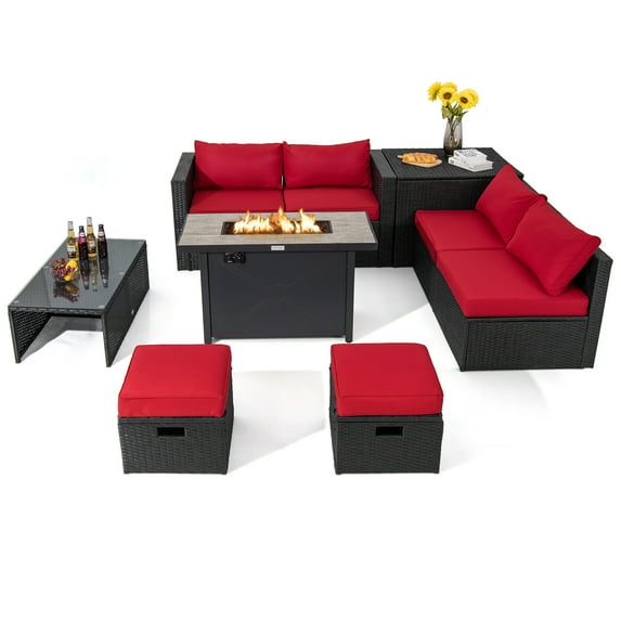 Topbuy 9 Pieces Outdoor PE Rattan Wicker Sectional Sofa with 42" 60,000 BTU Gas Fire Pit Table Space-Saving Patio Conversation Set with Storage Box Red