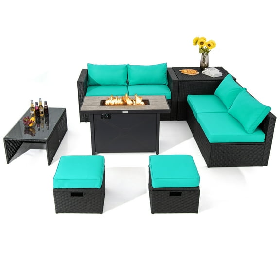 Topbuy 9 Pieces Outdoor PE Rattan Wicker Sectional Sofa with 42" 60,000 BTU Gas Fire Pit Table Space-Saving Patio Conversation Set with Storage Box Turquoise