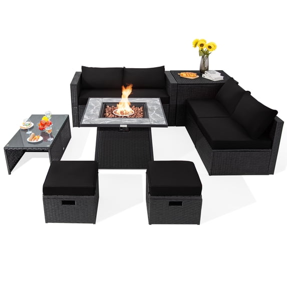 Topbuy 9 Pieces Outdoor PE Rattan Wicker Sectional Sofa with 35" Gas Fire Pit Table Space-Saving Patio Conversation Set with Storage Box Black