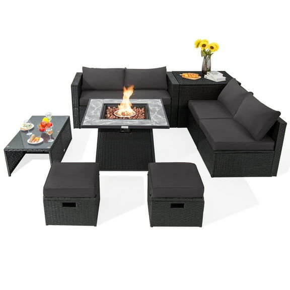 Topbuy 9 Pieces Outdoor PE Rattan Wicker Sectional Sofa with 35" Gas Fire Pit Table Space-Saving Patio Conversation Set with Storage Box Grey