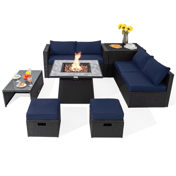 Topbuy 9 Pieces Outdoor PE Rattan Wicker Sectional Sofa with 35" Gas Fire Pit Table Space-Saving Patio Conversation Set with Storage Box Navy