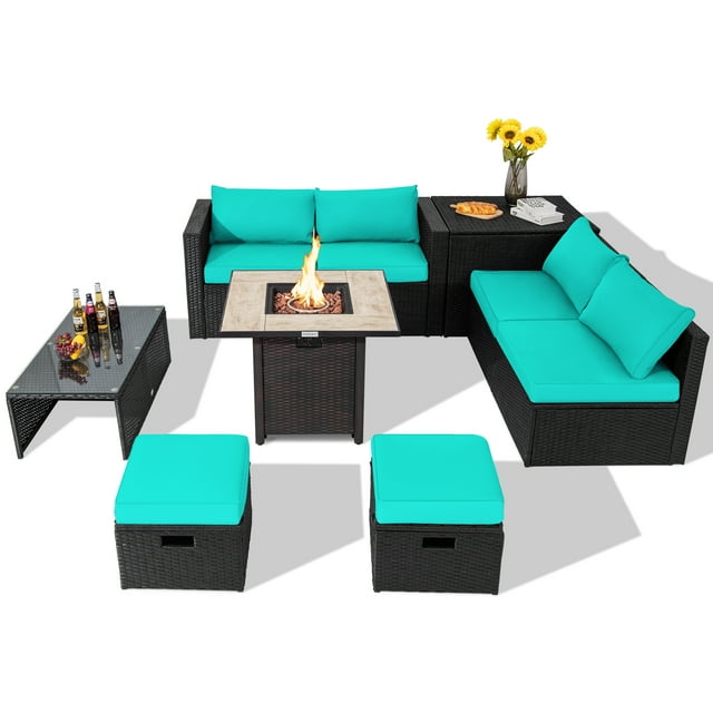 Topbuy 9 Pieces Outdoor PE Rattan Wicker Sectional Sofa with 42" Gas