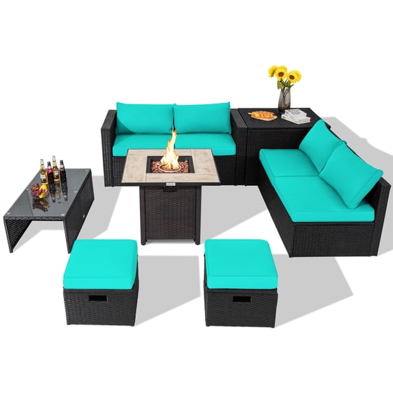 Topbuy 9 Pieces Outdoor PE Rattan Wicker Sectional Sofa with 42" Gas Fire Pit Table Space-Saving Patio Conversation Set with Storage Box Turquoise