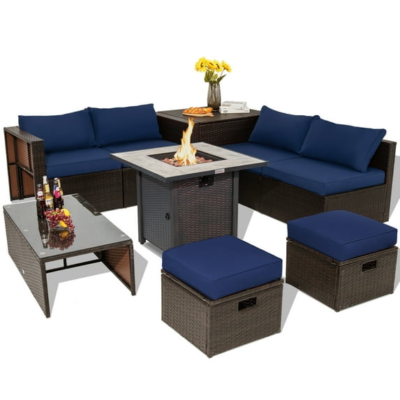 Topbuy 9 Pieces Outdoor Patio Set with 30" Propane Fire Pit Table Outdoor PE Wicker Sectional Sofa Set with Storage Box and Cushions Navy