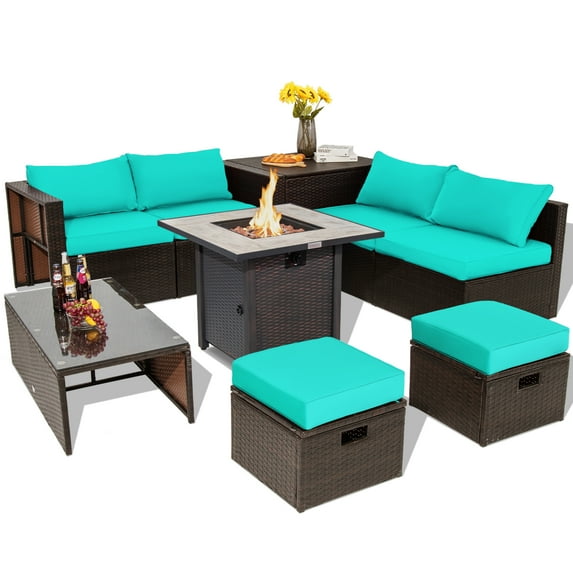 Topbuy 9 Pieces Outdoor Patio Set with 30" Propane Fire Pit Table Outdoor PE Wicker Sectional Sofa Set with Storage Box and Cushions Turquoise