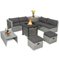 thumbnail image 1 of Patiojoy 9 Pieces Outdoor Patio Furniture Set with 32-Inch Propane Fire Pit Table PE Wicker Sectional Sofa Set with Storage Box and Cushions Gray, 1 of 9