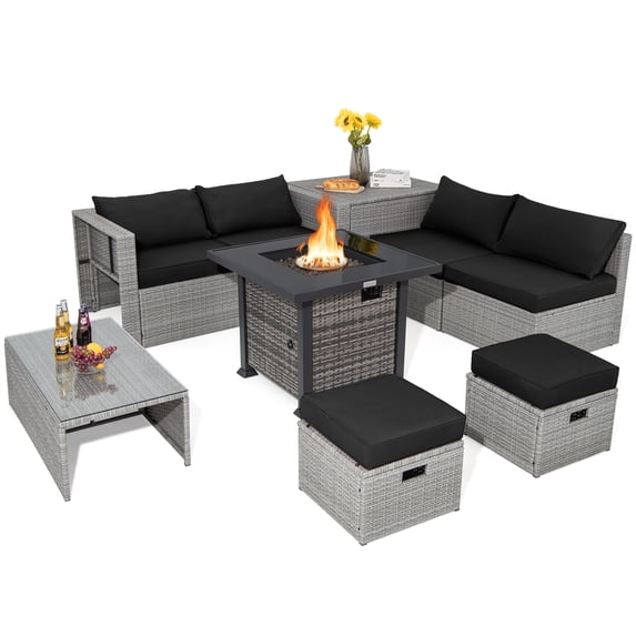 Topbuy 9 Pieces Outdoor Patio Furniture Set with 32-Inch Propane Fire Pit Table PE Wicker Space-Saving Sectional Sofa Set with Storage Box Black
