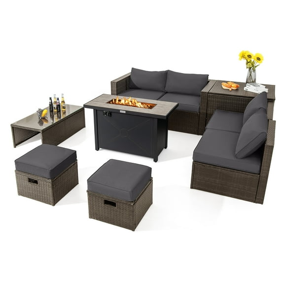 Topbuy 9 Pieces Outdoor Patio Furniture Set with 42" Propane Fire Pit Table Outdoor PE Wicker Space-Saving Sectional Sofa Set Gray