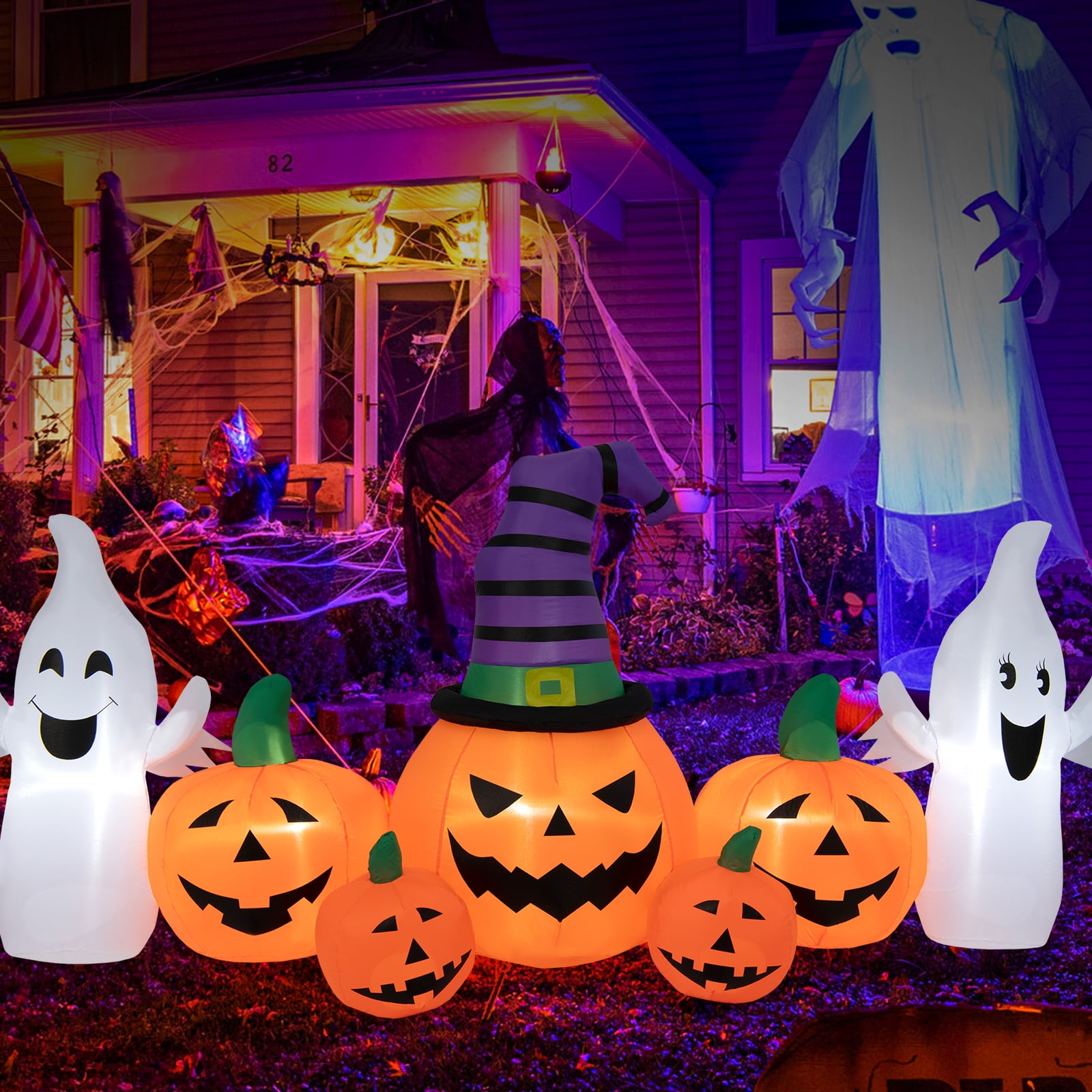 Patiojoy 9FT Long Halloween Inflatable Pumpkins Self Inflating Halloween Pumpkin Patch Lanterns w/ 2 Ghosts LED Lights Waterproof Blower