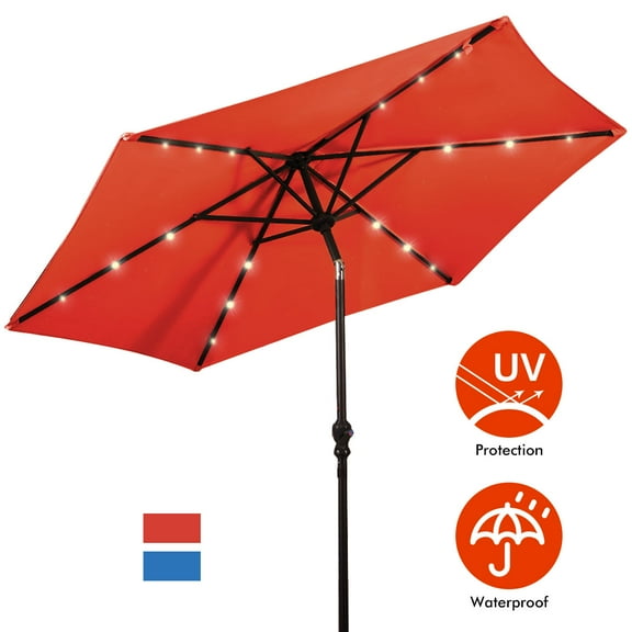 Topbuy 9FT Patio Sun Protection Tilt Solar Powered Umbrella with LED Lights Orange No Base
