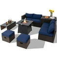 thumbnail image 1 of Topbuy 9PCS Outdoor Patio Furniture Set w/ 30" Propane Fire Pit Table PE Wicker Space-Saving Sectional Sofa Set w/ Storage Box & Navy Cushions, 1 of 10