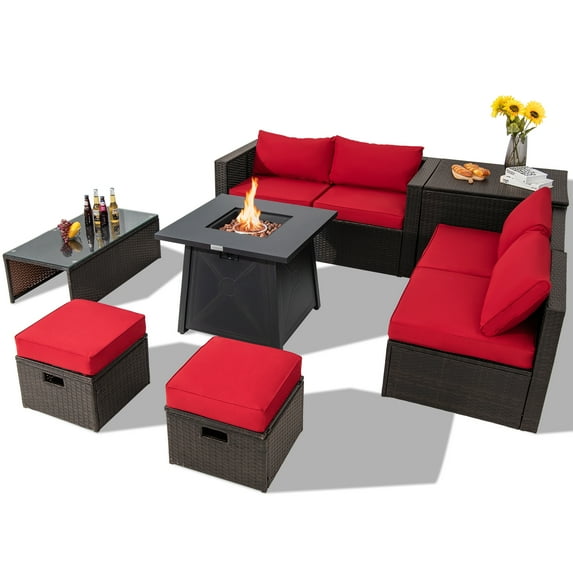 Topbuy 9PCS Outdoor Patio Furniture Set with 30" Propane Fire Pit Table PE Wicker Space-Saving Sectional Sofa Set w/ Storage Box & Red Cushions
