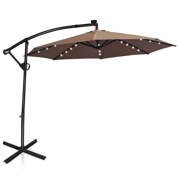 Topbuy Aluminum Patio Hanging Umbrella Solar Powered Offset Umbrella With Cross Base & Pole Coffee