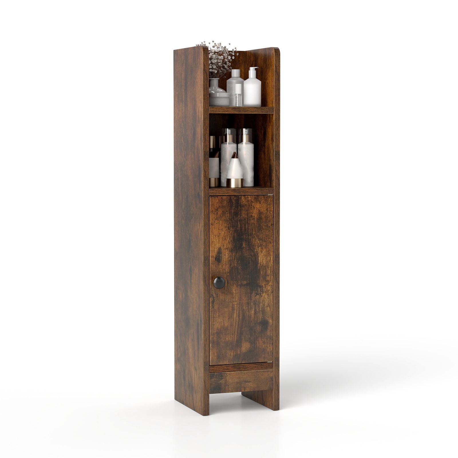 Topbuy Bathroom Storage Cabinet Small Corner Floor Cabinet with Door and Adjustable Shelves Toilet Paper Holder Stand Brown