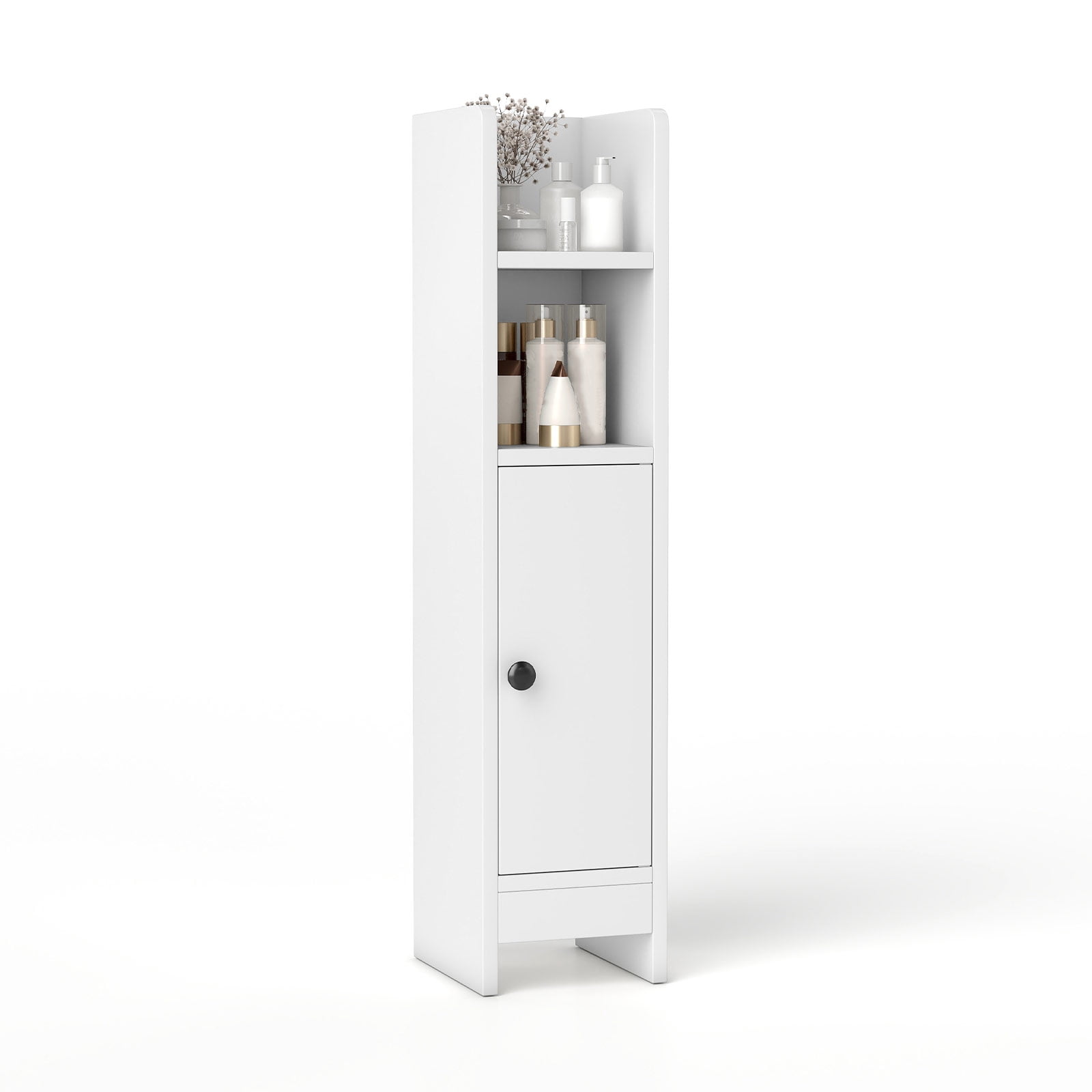 Topbuy Bathroom Storage Cabinet Small Corner Floor Cabinet with Door and Adjustable Shelves Toilet Paper Holder Stand White
