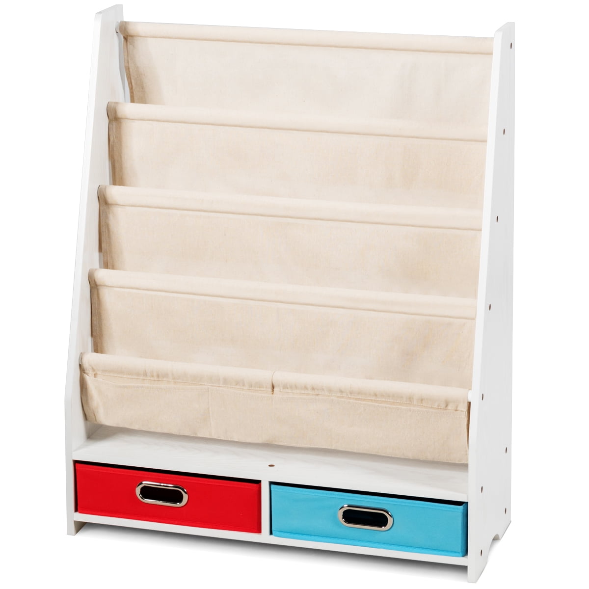 Beige Kids Book Rack with Canvas Slings and Storage Bins