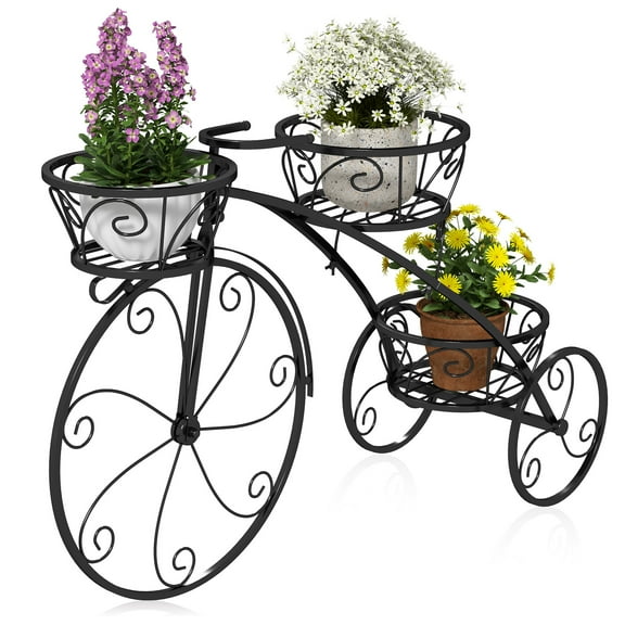 Topbuy Bicycle Plant Stand 3-Tier Metal Flower Pot Cart Holder w/ Hollowed Baskets Elegant Parisian Style Standing Planter Black
