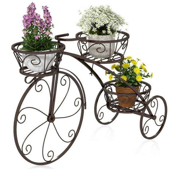 Topbuy Bicycle Plant Stand 3-Tier Metal Flower Pot Cart Holder w/ Hollowed Baskets Elegant Parisian Style Standing Planter Bronze