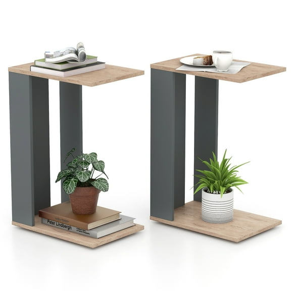 Topbuy C-shaped Side Table Slim Couch Tray Table with Bottom Shelf & 4 Universal Wheels 2-tier Nightstand Rustic Brown 2pcs