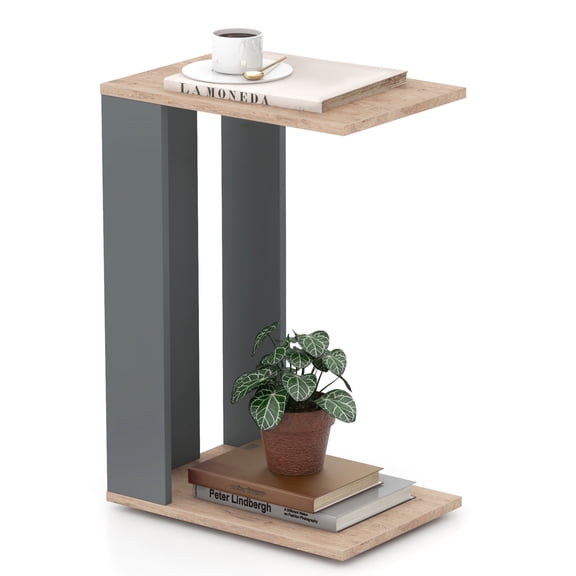 Topbuy C-shaped Side Table Slim Couch Tray Table with Bottom Shelf & 4 Universal Wheels 2-tier Nightstand Rustic Brown