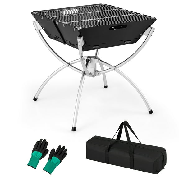 Topbuy Camping Fire Pit w/Cooking Grills Lightweight Portable Campfire Grill w/ Carrying Bag & Gloves 3-In-1 Stainless Steel Wood Burning Silver