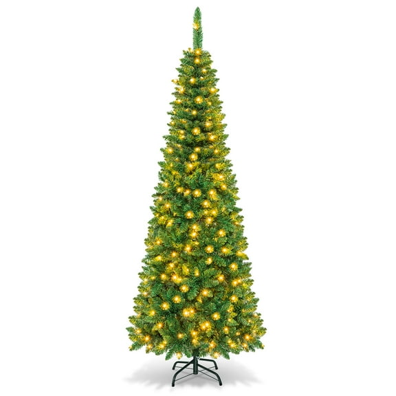 Topbuy 6.5ft Pencil Christmas Tree Pre-Lit Hinged Artificial Decoration w/ 250 Warm White Lights