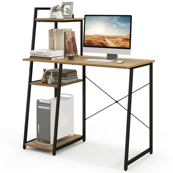 Topbuy Computer Desk Industrial Wood Study Desk w/Storage Shelf Writing Table Workstation Natural