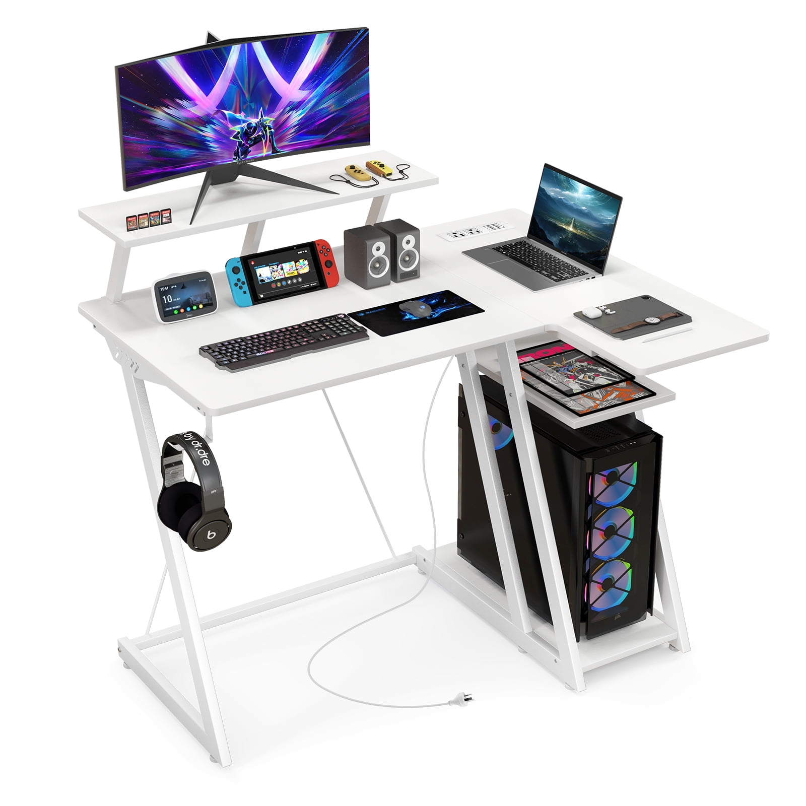 Topbuy Computer Desk w/ Builtin Charge Station Metal Frame Gaming Desk