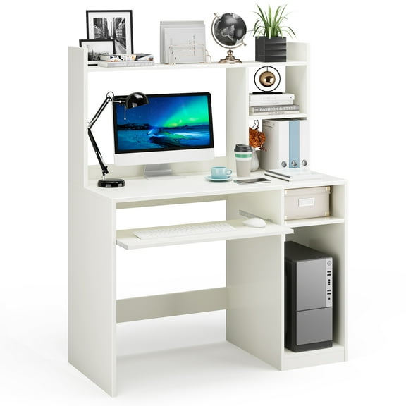 Topbuy Computer Desk with Storage Shelf Wooden Writing Desk w/ Hutch Office Desk with CPU Stand & Keyboard Tray