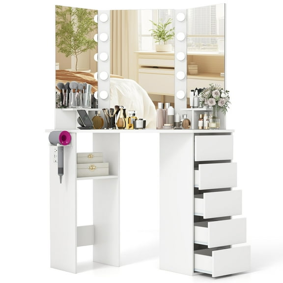 Topbuy Corner Makeup Vanity Desk Makeup Dresser Table with 3 Color Lighting Power Outlets White