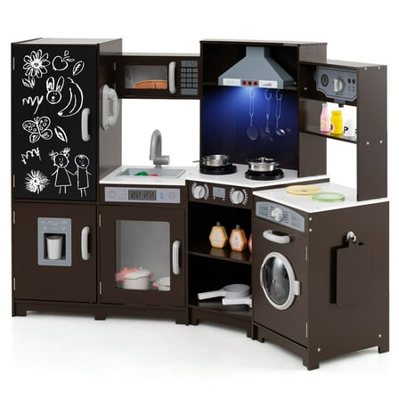 Topbuy Corner Wooden Play Kitchen with Lights & Sounds Large Pretend Play Kitchen Set Espresso