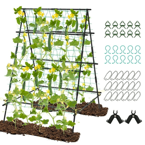 Patiojoy Cucumber Trellis for Plant Climbing Foldable Garden Tunnel Trellis w/ Plastic Coated Tube Trellis Net, Adjustable Auxiliary Clips