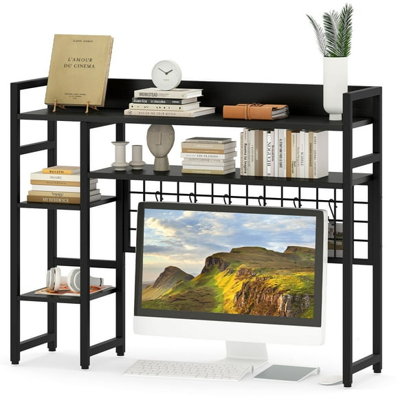 Topbuy Desk Shelf w/ Storage Grid, Multipurpose Countertop Hutch for up to 32" Computer Monitors Black