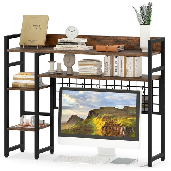 Topbuy Desk Shelf w/ Storage Grid, Multipurpose Countertop Hutch for up to 32" Computer Monitors Brown