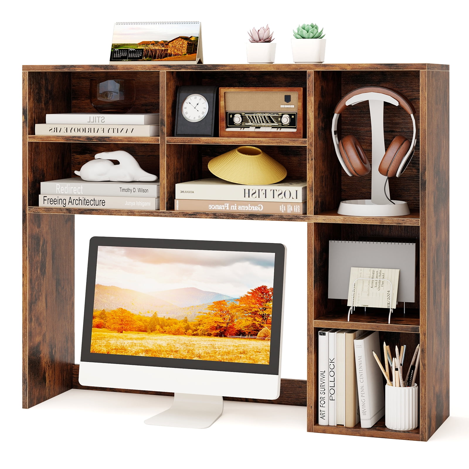 Topbuy Desktop Bookshelf 37" Countertop Storage Hutch with 7 Cubes & 3 Adjustable Shelves 3-Tier Desk Display Rack Organizer Desktop Hutch Brown