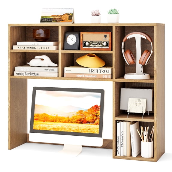 Topbuy Desktop Bookshelf 37" Countertop Storage Hutch with 7 Cubes & 3 Adjustable Shelves 3-Tier Desk Display Rack Organizer Desktop Hutch Natural