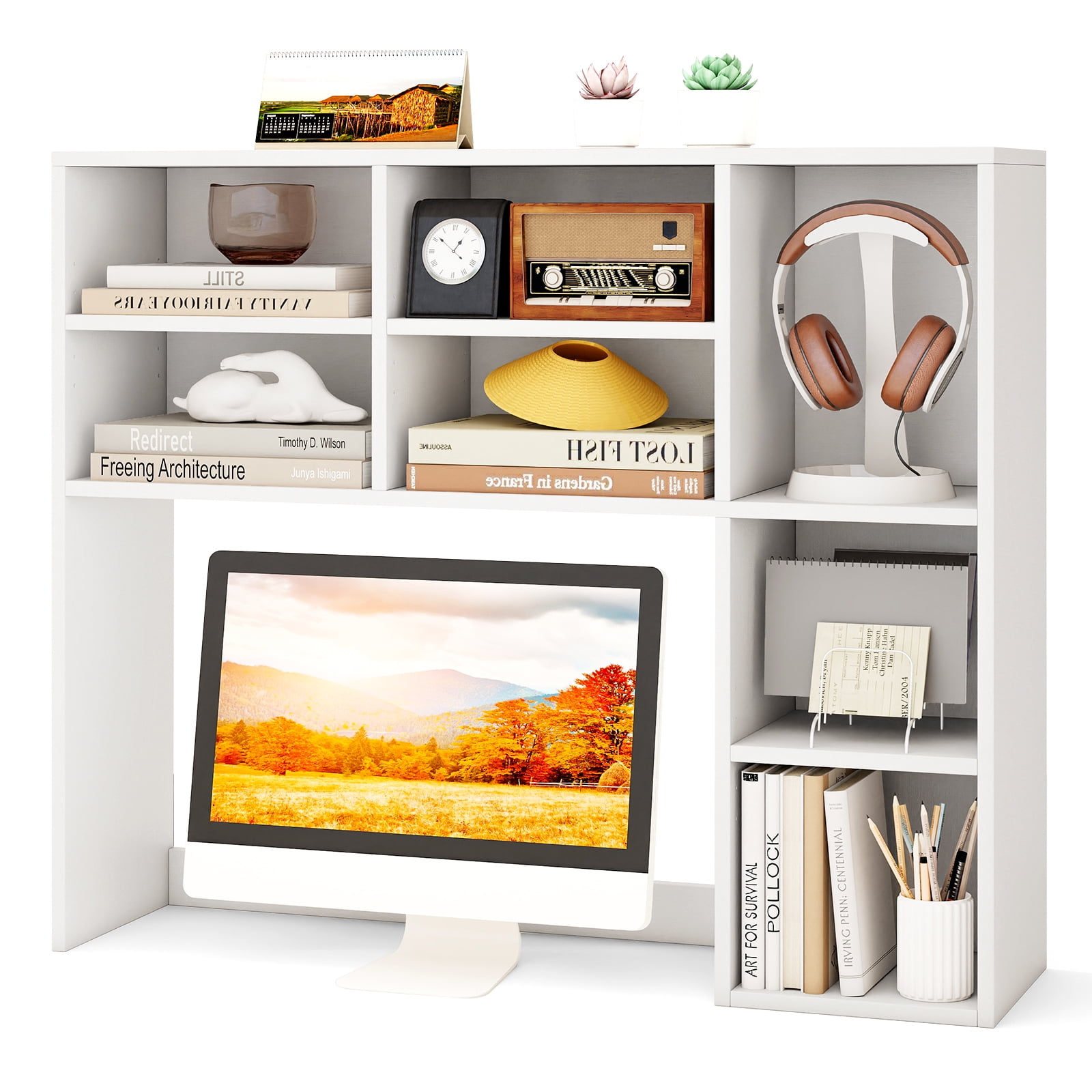 Topbuy Desktop Bookshelf 37" Countertop Storage Hutch with 7 Cubes & 3 Adjustable Shelves 3-Tier Desk Display Rack Organizer Desktop Hutch White