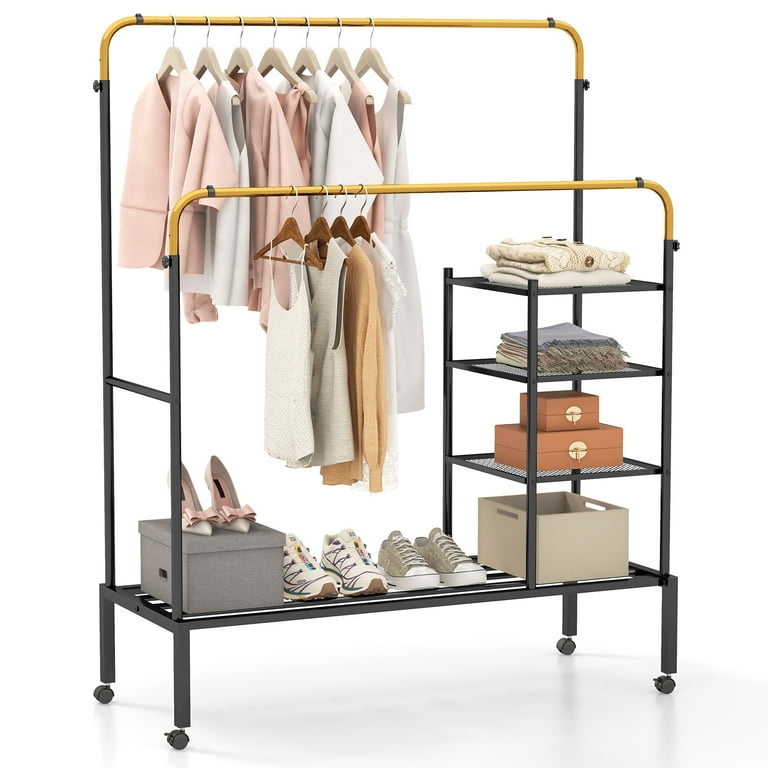 Topbuy Double Rods Garment Rack Clothes Drying Rack w 2 Hanging Height Adjustable Rods 4 Universal Wheels Gold Walmart