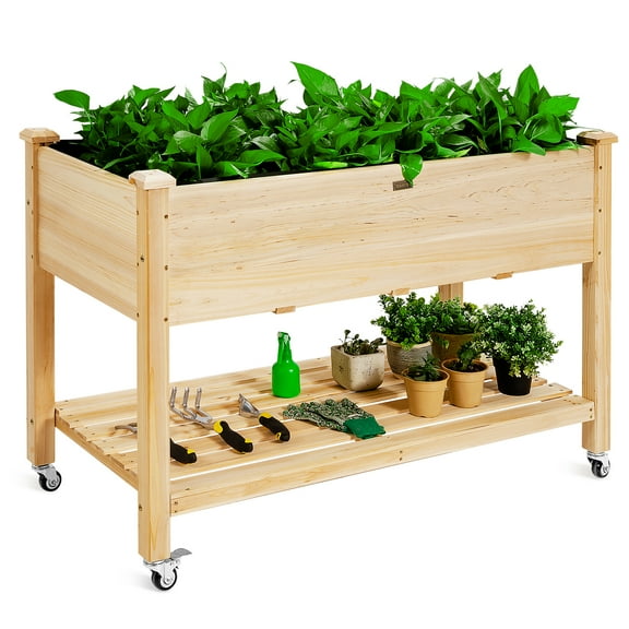 Patiojoy Elevated Garden Bed Wood Planters with Storage Shelf Wheels & Liner Suitable for Vegetable Flower Herb